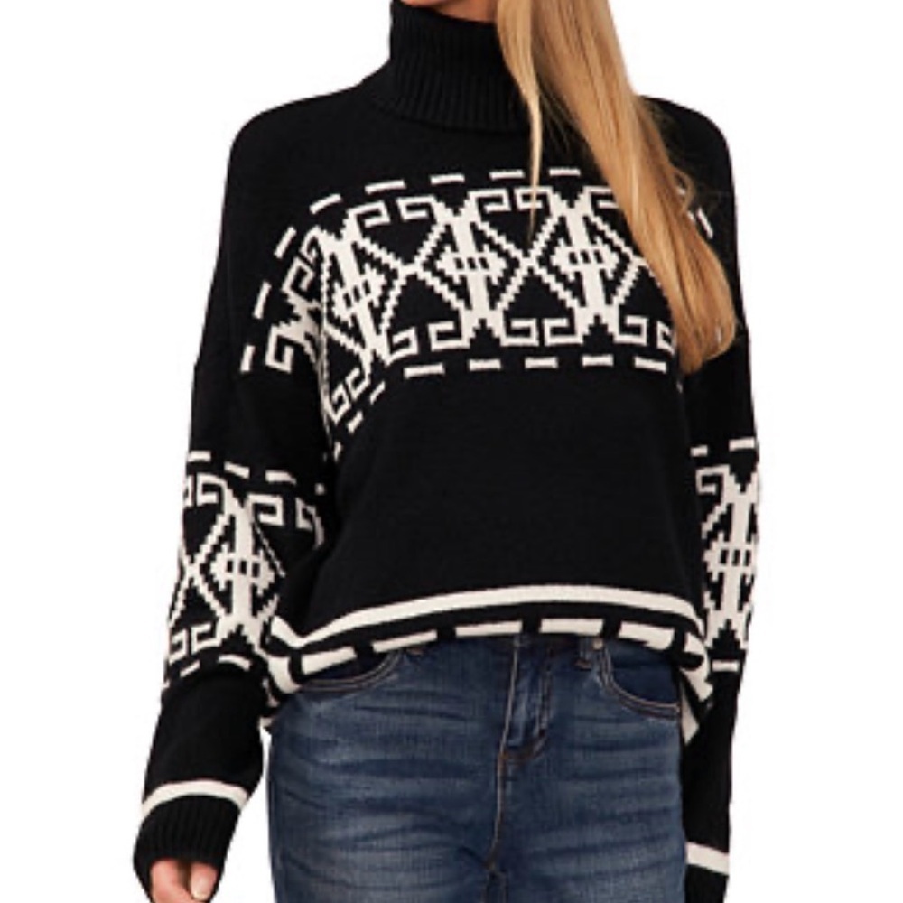 CeCe Fair Isle Knit Turtleneck Sweater Large Black